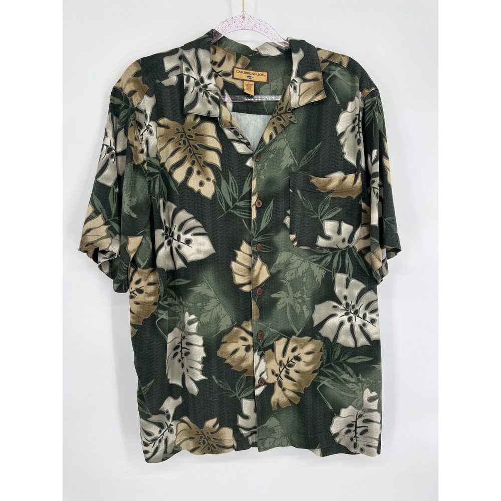 Caribbean Joe Hawaiian Shirt Tropical Floral Button Up Green Mens L